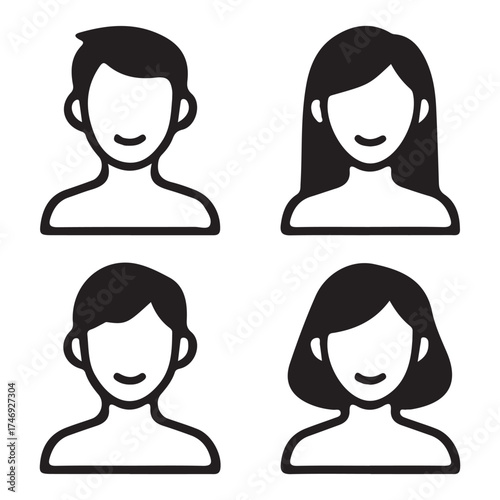 Diverse People Simple Black and White Line Art Avatars of Man and Woman