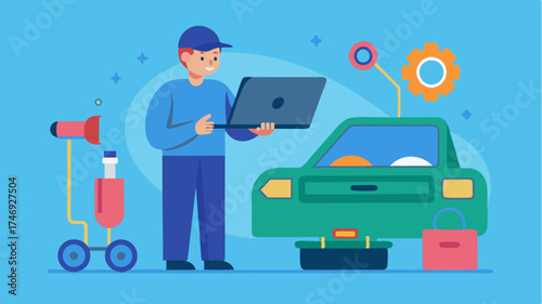A mechanic using a digital diagnostic tool under the hood of a car with various automotive tools and parts organized in the background.