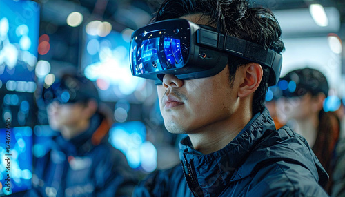Virtual Reality Exploration: A young individual immerses himself in a virtual reality experience, donning a sleek VR headset, within a technology-filled environment, peering into a simulated world.