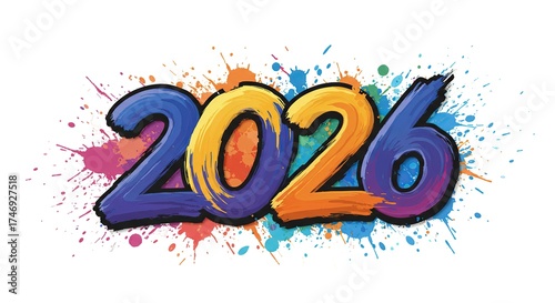 Colorful 2026 text with paint splatters.