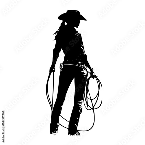 a silhouette of a woman in a cowboy outfit holding a lassoblack, catch, cowboy, cowboy boot, cowboy hat, girl, gun, hat, hook, lasso, profile, rope, sun hat, woman 