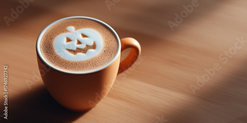 Pumpkin latte art in coffee cup. Cozy Halloween background with warm autumn atmosphere