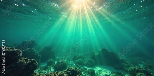 Mesmerizing Underwater Scene Vibrant Green Shallow Water Teeming with Aquatic Life, Sunlight Dappling the Surface