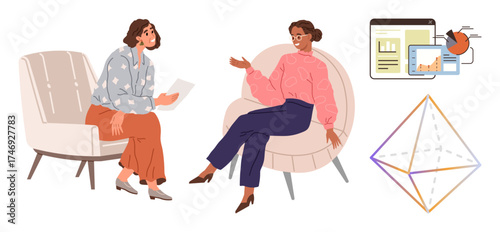 Two women converse in armchairs, referencing digital diagrams and geometric visuals. Ideal for teamwork, communication, creativity, data analysis, collaboration, strategy education. A simple flat