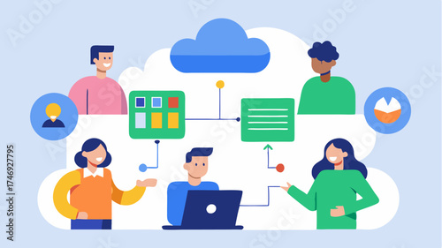 Collaboration Tools An infogram showcasing cloudbased collaboration platforms with people icons working together over documents spreadsheets and project management tools.