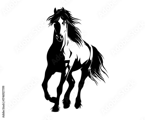 a black and white silhouette of a horse with a flowing maneblack, horse, mane, profile, run, tail, white 