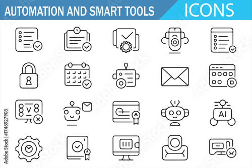 Collection of linear icons for smart tools, automation, and digital communication systems.