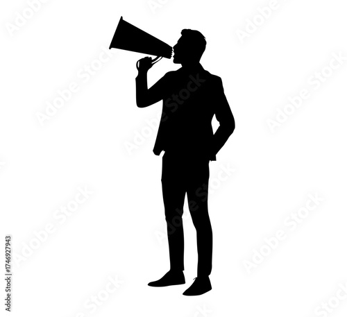 a silhouette of a man using a megaphonebusinessman, catch, man, megaphone, profile, speaker, stand, talk, trumpet 