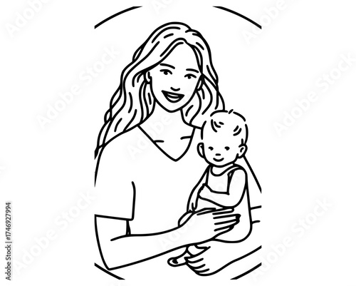 a line drawing of a woman holding a babyarm, baby, catch, child, hand, illustration, mother, woman 