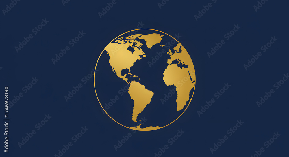 Fototapeta premium Golden Globe Icon: A gleaming, golden globe icon, representing global unity and interconnectedness, set against a deep, elegant blue backdrop, symbolizing the breadth of the world. 