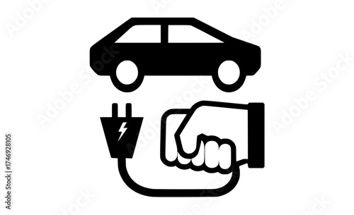 a black and white icon depicting an electric car and a hand shakingbattery, car, charge, charger, connect, electric outlet, flat, hand, icon, illustration, plug, sign, symbol 
