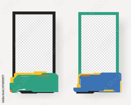 Collection of player frames template. Cyberpunk style. Game card frame mockup template design.
