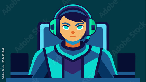 A stylized character in competitive gaming gear sporting a vibrant headset and focused expression poised at a gaming setup with multiple monitors.