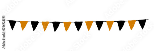 Halloween pennant garland and bunting flags banner for party holiday decor. Hand drawn black and orange rope chain. Autumn fairground template for spooky card design. Isolated vector illustration