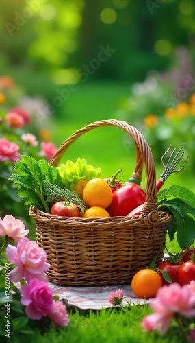 Delightful Garden Picnic Fresh Produce, Blooming Flowers, and Gardening Tools