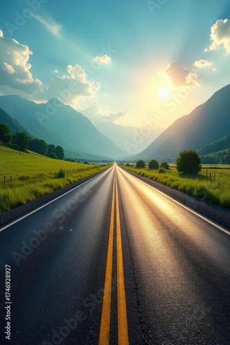 Scenic Summer Road Trip Asphalt Ribbon Vanishing into a Hazy Horizon.  A vibrant journey through sun-drenched countryside, perfect for travel, adventure, and freedom concepts.