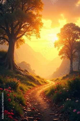 Golden Sunlight Bathes Serene Landscape Peaceful Contemplation and Divine Presence