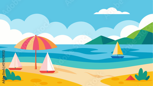 A picturesque beach scene with gentle waves lapping at the shore colorful beach umbrellas and a distant sailboat to evoke relaxation and adventure.