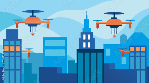A group of flying surveillance drones equipped with AIdriven analytics monitoring environmental conditions while ensuring safety and security in a bustling metropolis.