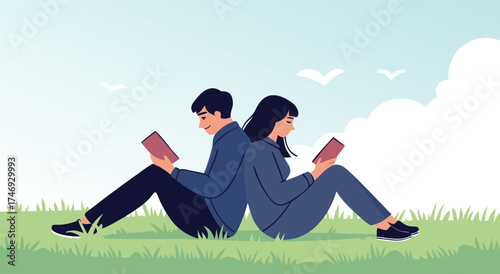 Two people reading books back to back in a park.

