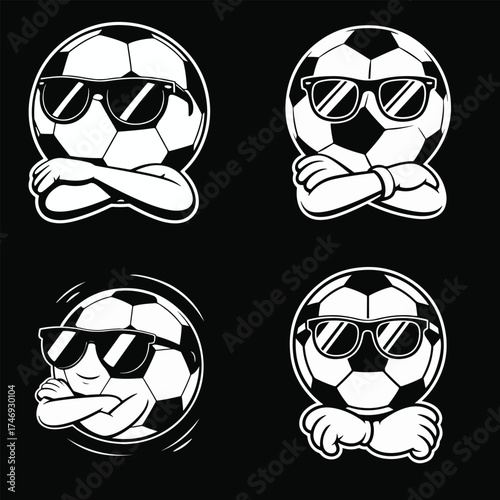 Four cartoon soccer balls wearing sunglasses with crossed arms and different expressions on a black background