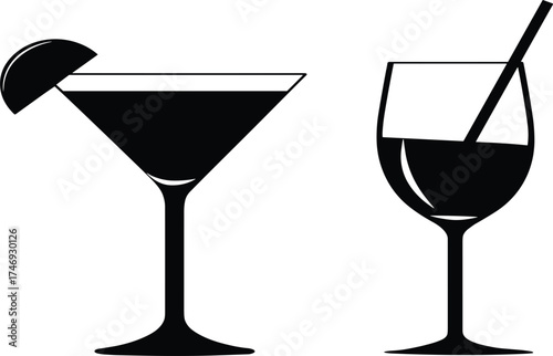 Cocktail and alcoholic beverage vector icons set, black silhouette drink symbols on white background