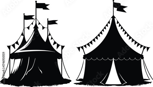 Circus tent vector icons set, black silhouette festival designs on white background 