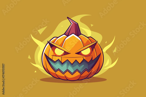 squat pumpkin with jagged triangular mouth and sharp features