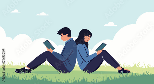 Two people reading books back to back in a park.

