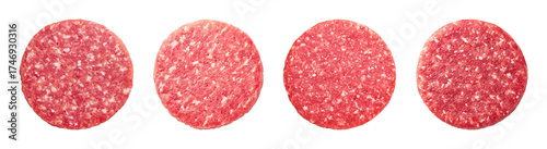 Four raw beef burger patties, evenly spaced and perfectly round, showcasing vibrant red meat with white fat marbling, ideal for fast food menu design, a PNG set with transparent background