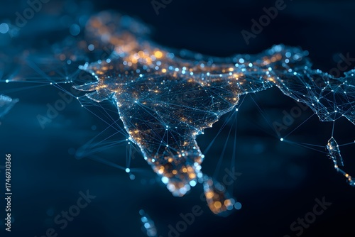 Illuminated map of india at night showing glowing city lights and interconnectedness across the subcontinent
