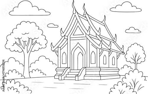 Thai Temple Line Art Vector EPS