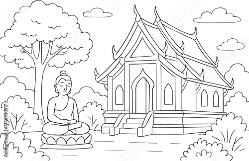 Thai Temple Line Art Vector EPS