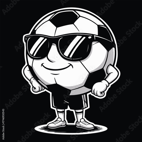 Cool cartoon soccer ball character wearing sunglasses and shorts with a confident stance