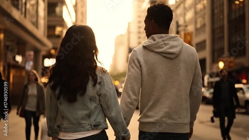 Affectionate diverse couple lovingly walking and holding hands on a sunlit city street