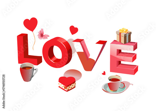 3D love set. Valentine's day realistic vector concept. Love icons for declaration of love, romantic date, anniversary. Heart, gift, romantic letter, cup, card and other love symbol on white background