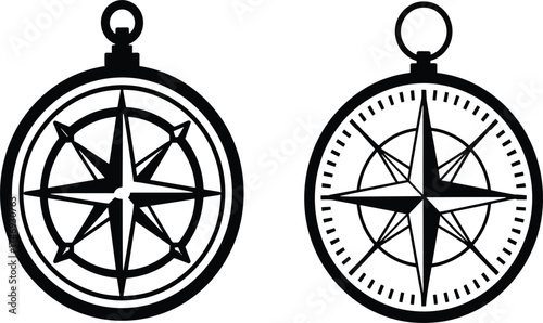 Compass vector icons set, black outline navigation symbols on white background