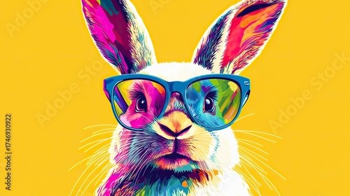 A portrait of an Easter bunny wearing colorful glasses, in the style of pop art.