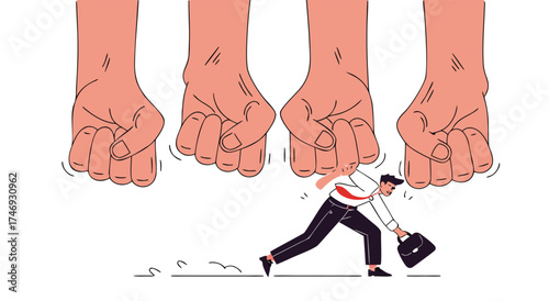 Man running away from large fists descending from above.

