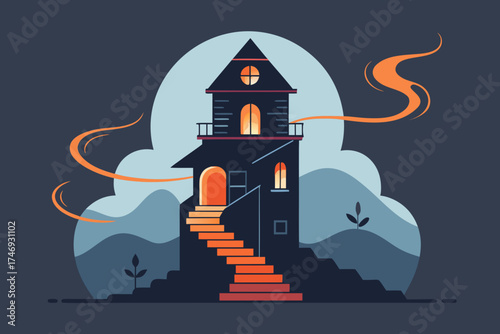 spooky hilltop house with winding staircase glowing softly