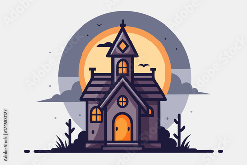 spooky house with tilted tower roof glowing circular lights