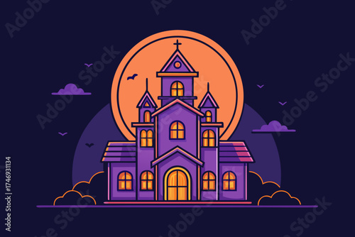 spooky mansion outline framed by circular moon and stars