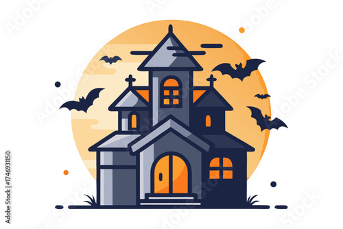 spooky mansion with tilted roofs glowing in dark night