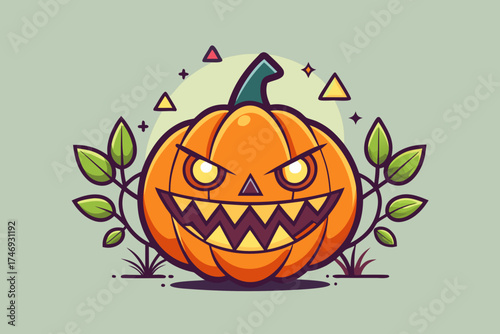 squat pumpkin with triangle eyes wide jagged mouth pattern