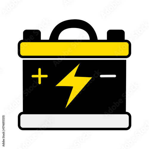 Vector illustration of car battery with yellow lightning symbol. Automotive element for repair, maintenance and service design.