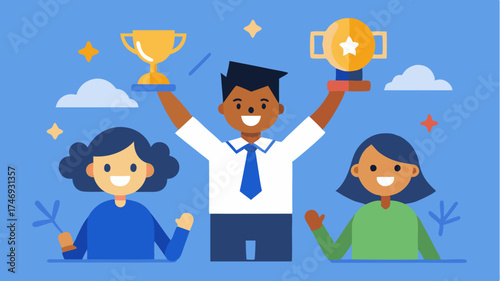 A motivational graphic showcasing learners as avatars or characters overcoming challenges achieving goals and celebrating academic accomplishments in a virtual setting.
