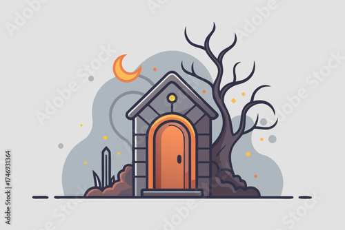 crooked shack with glowing arched door at twilight