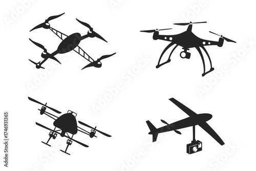 Explore aerial photography and videography with diverse drone and uav technology vector illustrations silhouette