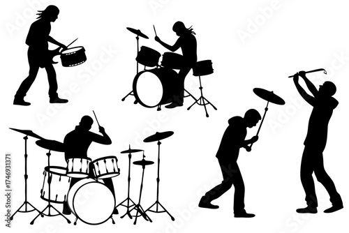 Drummer silhouette vector art: rock band musicians playing drums and percussion instruments performance stage