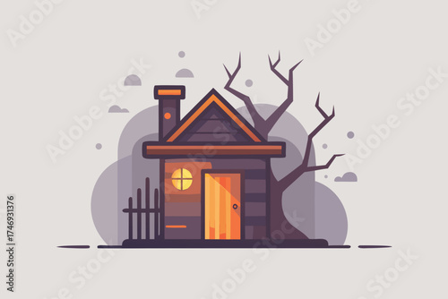 crooked shack with glowing door shadowy surroundings